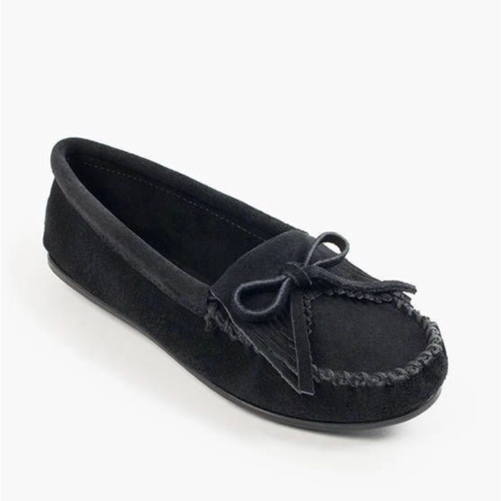 Minnetonka Womens Black Suede Kilty Fringe Moccasins Flats Size 6 Southwestern